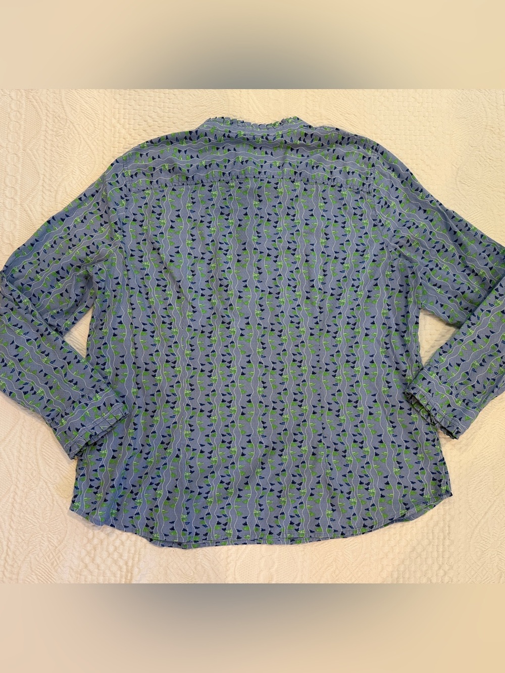 TALBOTS Womens Button Blouse Long Sleeve Blue Green Geometric Ruffle Size LP - Picture 4 of 6